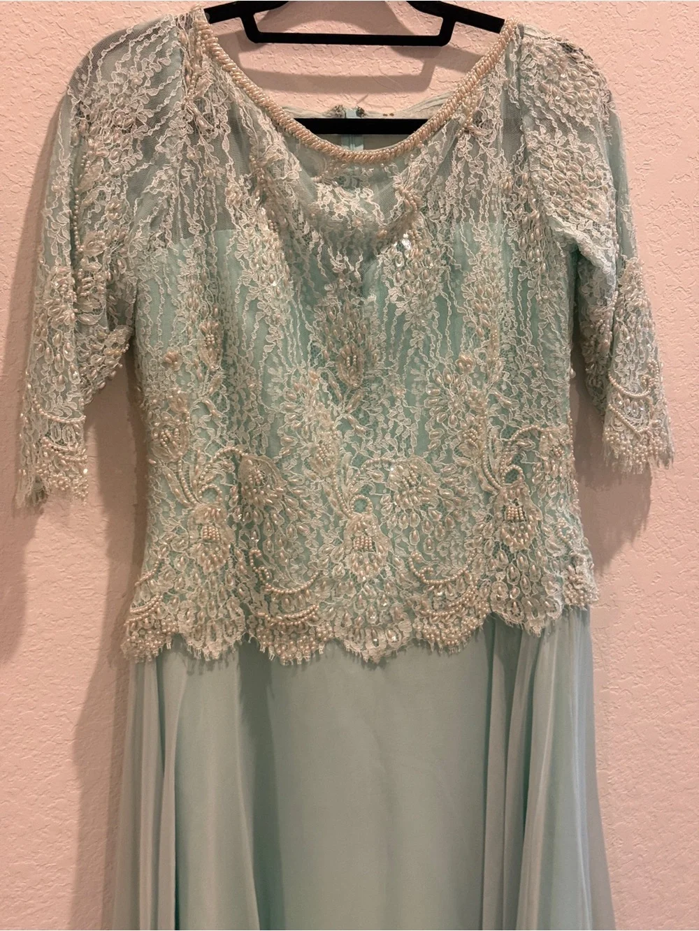 Vintage Mint Lace Appliqué Evening Gown - Picture 7 of 7